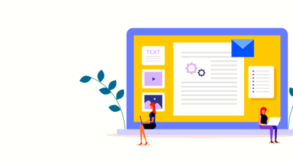 Illustration av en bärbar dator och två kvinnor som sitter framför den