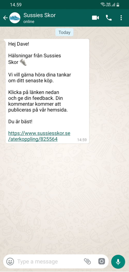 Automatiserad WhatsApp-konversation med ett meddelande om feedbackförfrågan