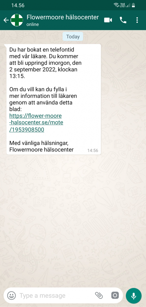 Automatiserad WhatsApp-konversation med ett påminnelsemeddelande