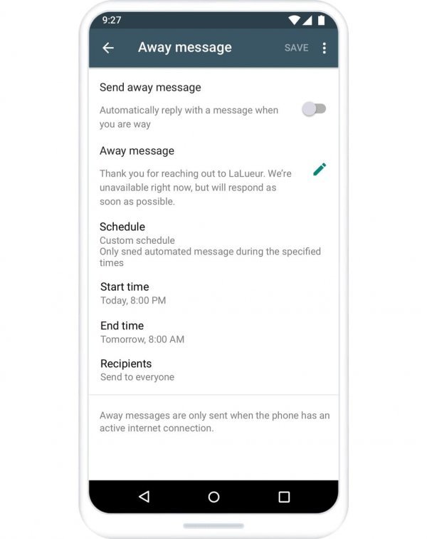 Automatic away message in WhatsApp Business