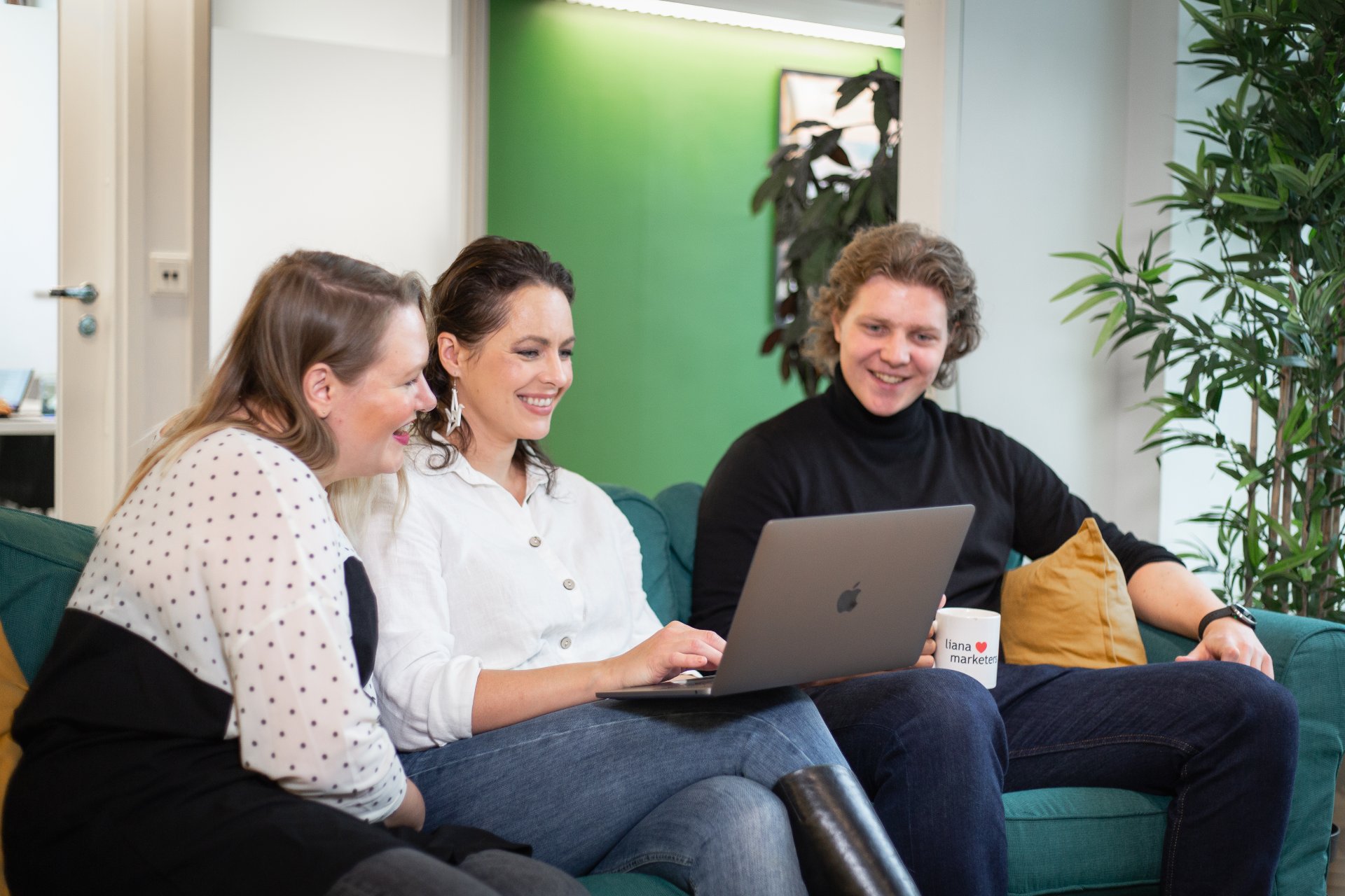 Personer diskuterar ny webbplats med LianaCMS